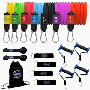 Bodylastics Resistance Band Set, 7 Resistance Bands for Working Out, Exercise Bands with Handles & Gym Ankle Straps, Stackable Workout Bands, Up to 202 lbs, Patented Clips & Snap Reduction Tech