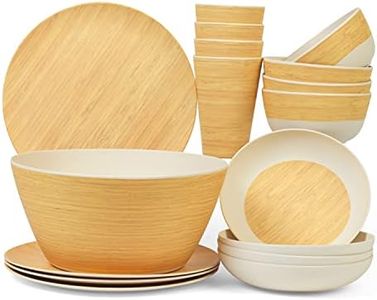 Kitzini Bamboo Dinnerware Sets. Bamboo Plates and Bowls Set For 4. Reusable & Eco-Friendly Bamboo Fiber Plates. 17 Pieces – Bamboo Bowls, Cups and Plates Sets for Kitchen. Dishwasher Safe
