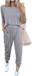 PRETTYGARDEN Women's Two Piece Outfit Short Sleeve Pullover with Drawstring Long Pants Tracksuit Jogger Set (Light Grey,Medium)