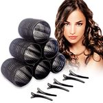 Mirzian 12Pcs Jumbo Hair Rollers - 6 Heatless Self Grip Velcro Curlers, 6 Duckbill Clip Black Hair Curlers for Long & Short Hair,No Heat Rollers (50mm)