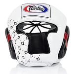 Fairtex Headgear HG10 | Protective Headgear for Muay Thai | Enhanced Comfort & Vision with Adjustable Straps & Multi-Layered Foam Padding |Prevents Injuries to Ears, Cheeks & Chin (Large-White)