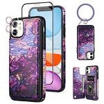 HianDier Wallet Case for iPhone 11 6.1-inch Case with Bracelet+ Screen Protector+ Camera Cover, with Credit Card Slot Holder Flip Folio Soft PU Leather Magnetic Closure Cover, Oil Painting Purple