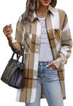 HOTOUCH Long Sleeve Flannel Jacket for Women Plaid Shacket Lapel Button Down Coat Business Casual Checked Shirt Brown M