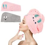 2 Pieces Microfibre Hair Towel Absorbent Hair Towel Wrap Cute Cartoon Rapid Drying Hair Towel Anti Frizz Hair Turban Head Towel for Women or Girls Kids (Grey，pink,Bunny, Koala)