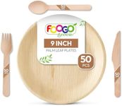 FOOGO Green 200pcs Disposable Palm Leaf Plates and Wooden Cutlery Set, FSC® Certified, 50x Large Round Plates, 50x Forks, 50x Knives, 50x Spoons, Eco Friendly Biodegradable, Party Rigid Wedding Plates