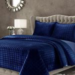 Tribeca Living Florence Velvet Oversized Solid Quilt Set, Microfiber, Navy Blue, King