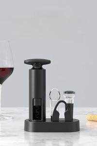 Wine Bottle Opener 5-piece Set Including Pourer Vacuum Stopper Storage Base Manual Wine Set, Black