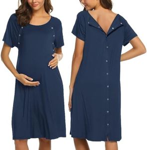 Ekouaer Maternity Nightgown Short Sleeve Sleepshirt Cotton Nursing Nightwear Pregnancy Nighdress Navy Blue S