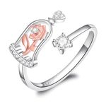 JXJL Woman Ring Adjustable Silver Jewelry Beauty Beast Rose Flower Cute Open Finger Rings Gifts for Valentines Day Mothers Day X'mas Birthday for Women Teen Girls