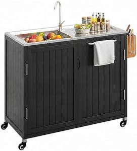 Girarvs Outdoor Grill Cart with Sink - Solid Wood & 304 Stainless Steel Top, Freestanding Movable Kitchen Island Cabinet with Wheels, Outdoor Kitchen Sink Station ，L39.3 xW19.6