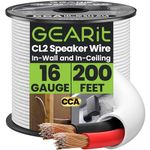 GearIT 16/2 Speaker Wire (200 Feet) 16 Gauge (Copper Clad Aluminum) - Fire Safety in Wall Rated Audio Speaker Wire Cable / CL2 Rated / 2 Conductors - CCA, 200ft