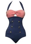 Bslingerie Women 1950S Retro Vintage Push Up Monokini One Piece Swimsuit, Red Blue Color Block, X-Large