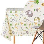 KP HOME Wipe Clean Tablecloth Reusable In Light Creame Beige - Fun Kids Safari Animals PVC Table Cover - Rectangle 200 x 140 cm - Wipeable Vinyl Table Cloth With Animal Print For Children