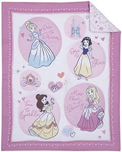 Disney Princess Dare to Dream 3Piece Nursery Mini Crib Bedding Set - Comforter & Two Fitted Mini Crib Sheets, Pink, Aqua, Yellow, White