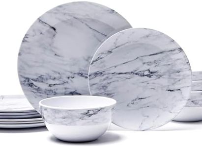 TP 12-Piece Dinnerware Set, Melamine Dishes Set with Bowls and Plates, Non-breakable Lightweight Dinner Service for 4, Marble (DC003)