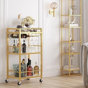 TUTOTAK Bar Cart, Home Bar Serving Cart with 3-Tier Mirrored Shelf, Microwave Cart, Drink Cart, Mobile Kitchen Shelf with Wine Rack, Rolling Beverage Cart, Gold BC01BB033