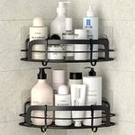 STEUGO Black Corner Shower Caddy Adhesive Shower Shelf US304 Stainless Steel Shower Wall Caddy Drill Free Corner Shelves for Shower with 4 Hooks Bathroom Corner Storage Organizer, 2 Pack