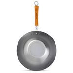 Ken Hom Carbon Steel Wok, 32cm, Classic, Non-Induction/Natural Patina Non-Stick/Wooden Handle, Includes 1 x Chinese Wok Pan, KH332003