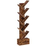 Rolanstar Bookshelf with Wooden Drawer, 9-Tier Tree Bookshelf, Freestanding Storage Shelf for Books/CDs/Plants, Rustic Brown Bookcase, Utility Organizer Shelves for Living Room, Home Office, Bedroom