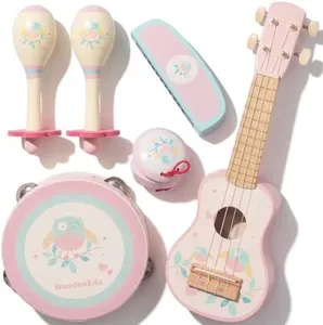 WoodenEdu Kids Guitar for Girls, Wooden Musical Instruments Toys with Ukulele, Tambourine, Maracas, Harmonica, Mini Band Sets for Toddlers 2 3 Years Old Birthday Gift (Pink for Girls)