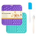 Licky Mats for Dogs Pack of 2 Licky Mats for Dogs with Strong Suction Cup - Slow Pet Feeder for Food, Peanut Butter Includes Spatula & Brush - Perfect for Grooming & Training (Light Blue/Purple)