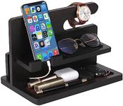 YSangift Wood Phone Docking Station Gifts for Men, Bedside Organizer Charger Holder for Nightstand, Watch Key Holder Wallet Stand for Husband Dad Boyfriend Anniversary Birthday Gift, Black