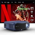 Smart Projector 4K HDR WiFi 6 Bluetooth NFC, 1700ANSI Lumen Daytime/Daylight Viewing, Android TV Proyector with Netflix Dolby Audio HDMI ARC, Auto Focus & Keystone, Zoom, for Movie Gaming Presentation