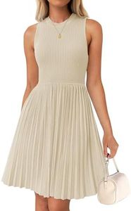 ZESICA Women's Summer Sleeveless Mini Dress 2024 Crewneck Knit A Line Pleated Swing Casual Basic Short Dress, Almond, Medium