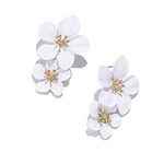 Boho Flower Stud Earrings for Women Girls,Elegant Layered Floral Petal Drop Earrings,Cute 3D Simulation Flower Statement Stud Earrings with Gold Flower Bud for Mom Sister Friends (White)