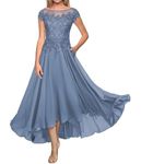 HYEC7 Lace Appliques Mother of The Bride Dress A Line Chiffon Evening Formal Dress Short Sleeve Dusty Blue