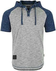 ZIMEGO Men's Cotton Blend Hipster Longline Short Sleeve Hoodie - Curved Hem Hooded Henley Shirt, Navy, X-Large