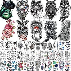 LEIAOLY 46 Sheets Large Dragon Lion Temporary Tattoo For Men Adults, Realistic Tiger Wolf Owl Flower Fake Tattoos For Women Thigh Arm Face, 3D Kids Small Finger Butterfly Tattoos Temporary Sticker Set