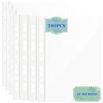 EVADOW 200PCS Clear A4 Punched Pockets, Plastic Sheet Protector for 11-Hole Fit for 3 Ring Binder, 40 Micron Clear Poly Punched Pockets Folder Filling Wallets Sleeves for Ring Binder Folders