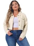 uxcell Women's Plus Size Button Closed Cropped Denim Jacket Beige 3X