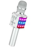 BONAOK Wireless Bluetooth Karaoke Microphone with Multi-color LED Lights, 4 in 1 Portable Handheld Karaoke Speaker Machine Thanksgiving Day for Android/iPhone/iPad/Sony/PC or All Smartphone (Silver)