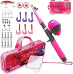 Play22 Kids Fishing Pole Pink - 40 Pc Kids Fishing Rod and Reel Combos - Fishing Poles for Youth Kids includes Fishing Tackle, Fishing Gear, Fishing Lures, Net, Carry On Bag, Fully Fishing Equipment