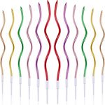 12 Twisted Birthday Candles Spiral Cake Candles Metallic Cupcake Cake Candles Thin Long Cake Candles with Holders (Assorted Metallic Colors)