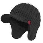 Janey&Rubbins Winter Visor Beanie with Ear Flaps Knit Brimmed Hat Fleece Lined Ski Billed Cap (Black)