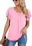 Iandroiy Women's Casual Shirred V-Neck Top Ruffle Short Sleeve Shirts Basic Pleated Top, A-12 Pink, Large