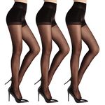 WAJIAFAR 3 Pack Women's Sheer High Waist Tights with Support and Reinforced Toes Pantyhose (Black, S)