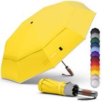 Royal Walk Windproof Folding Travel Umbrella Compact and Strong Luxurious Real Wood Handle Automatic Open Close Vented Double Canopy for Men and Women (Yellow)