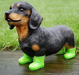 Super cute Dogs and Farm Animals in Wellington Boots figurines novelty home or garden decorations or collectables, GIFT BOXED (DACHSHUND in GREEN Wellingtons)