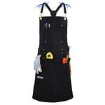 QeeLink Work Apron with 10 Tool Pockets, Woodworking Fireproof Apron for Men, Carpenter Canvas Apron Adjustable M to XXXL Cross back Tools Apron, Black