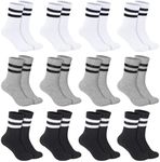 Invalidism 12 Pairs Kids Socks Junior Cotton School Sports Socks, Black White Grey Striped Crew Athletic Socks, Casual Stretchy Socks for Boys Girls Toddler 3-16 Years (9-12 Years)