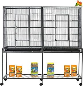 64" Extra Large Double Flight Bird Wrought Iron Double Cage Slide Out Center Divider Side Nesting Box Door Bird Parrot Cage Cockatiel Conure Bird Cage with Removable Rolling Stand Storage Shelf