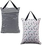 ALVABABY 2 Pack Large Wet Dry Bag Waterproof Hanging Cloth Diaper with Double Zippered Pockets 25x18 inches (Feather & Stripe)