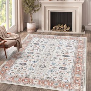 jinchan Area Rug 5x7 Kitchen Rug Orange Vintage Traditional Area Rug Retro Floor Cover Foldable Thin Rug Distressed Floral Print Indoor Mat for Bedroom Living Room Dining Room