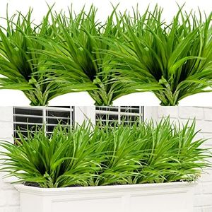 Dehoxara 8Pcs Artificial Grass Plant Fake Outdoor Plastic Plants UV Resistant Faux Grasses Greenery Shrubs for Window Box Garden Patio Porch Home Decor Rose Green