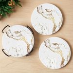 Decor & More - Ceramic Coasters with Matt Finish On Top & Cork Base | Coasters for Cups Set of 6 | Marble Style Ceramic Coaster for Tea, Coffee Table & Dining Table with Metal Holder