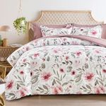 Flysheep Floral Bed in a Bag Queen Size 7 Pieces, Blush Pink and Grey Elegant Flowers Comforter Bedding Set for Women (1 Comforter, 1 Flat Sheet, 1 Fitted Sheet, 2 Pillow Shams and 2 Pillowcases)